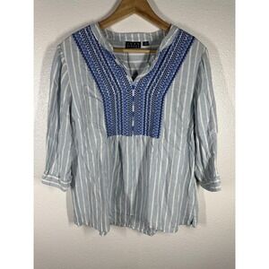 Joan Rivers Blouse Womens Medium Blue Striped Embroidered 3/4 Sleeve Tunic Boho
